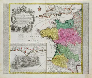 Mapa alemán que muestra ataques navales ingleses en puertos franceses en 1758