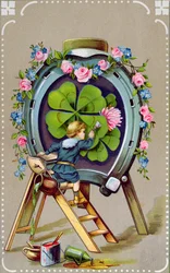 Tarjeta postal alemana que representa amuletos de buena suerte, enviada desde Hungría el 21 de mayo de 1911