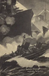 Crucero alemán embistiendo a un torpedero británico, Primera Guerra Mundial (litografía)