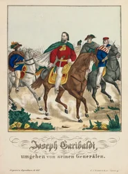 Giuseppe Garibaldi rodeado por sus generales, publicado por G.N. Renner, Núremberg, 1866