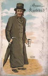 Saludos desde Karlsbad", tarjeta postal de recuerdo del balneario de Karlsbad en la que aparece un judío con vestimenta y peinado tradicionales y sosteniendo una taza para beber agua mineral,. finales del siglo XIX (litografía en color).
