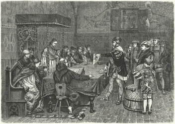 Gustav I Vasa, Rey de Suecia, confrontando a Peter Sunnanvader, Obispo de Västerås