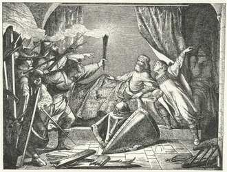 Hartmann de Siebenich disfrazado de Federico Barbarroja para permitir que el Emperador escape de Susa, Italia