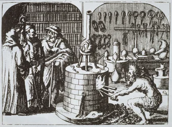 Filósofos herméticos y un alquimista, de Museum Hermeticum por Michael Majer (1625) ilustrado en una historia de la magia publicado a finales del siglo XIX