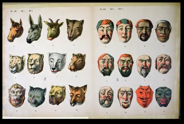 Máscaras de carnaval humanas y animales, página de un catálogo de fabricantes de Mannebach, Turingia, Alemania, c.1865