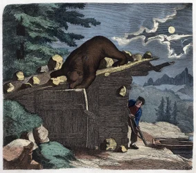 Cazador queriendo matar al oso del bosque alpino. En "Wenn Jemand eine Reise thut, so kann er was erzahlen", cuento alemán de Franz Wiedemann