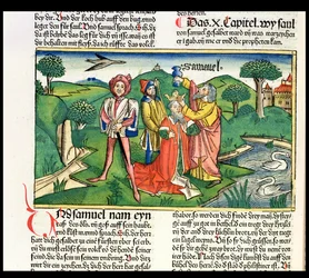 1 Samuel 10: La coronación y unción de Saúl, de la Biblia de Núremberg (Biblia Sacra Germanica)