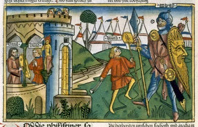 1 Samuel 17:1-58 David derrota a Goliat y conoce a Saúl, de la Biblia de Núremberg (Biblia Sacra Germanaica)
