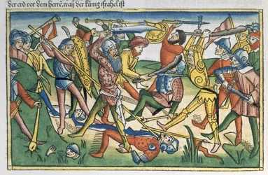 1 Samuel 28:1-2 Los filisteos guerrean contra Israel, de la Biblia de Núremberg (Biblia Sacra Germanaica)