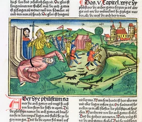 1 Samuel 5:1-11 Los filisteos capturan el Arca y son golpeados por la plaga, de la Biblia de Núremberg (Biblia Sacra Germanaica)