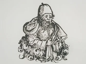 Retrato ideal de Guido Bonatti, copia de una ilustración de Liber Chronicarum por Hartmann Schedel, 1493, usado en A History of Magic a finales del siglo XIX