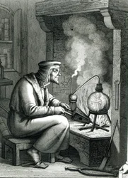 Ilustración del Fausto de Goethe que representa a Mefistófeles creando un homúnculo, 1854