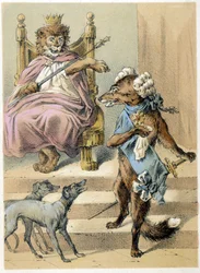 Ilustración de los cuentos de Franz Hoffmann "Cuentos y Fábulas - El Zorro": Un zorro hablando ante el Rey León. Cromolitografía del siglo XIX