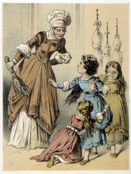 Ilustración de los cuentos de Franz Hoffmann “Cuentos y Fábulas - Los 3 Regalos”: una mujer abusó de las 3 niñas. Cromolitografía del siglo XIX
