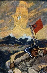 Ilustración de propaganda alemana de la revista Jugend durante la Primera Guerra Mundial. Un marinero inglés es aterrorizado por la aparición de un barco fantasma con la bandera del Reich