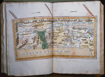 Inc. 425 Mapa de Tierra Santa, basado en descripciones y coordenadas dadas en Cosmographica, por Ptolomeo (Claudio Ptolomeo de Alejandría) (c.90-168 d.C.) publicado en Ulm, Alemania, por Johann Reger