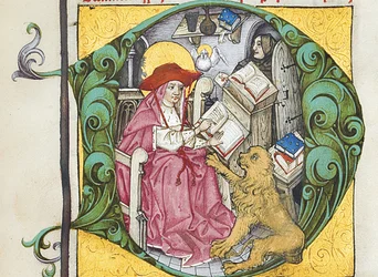 Inicial D de Epistolae Hieronymus, cartas y tratados de San Jerónimo, editado por Adrianus Brielis