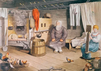 Interior de una isba rusa, publicado en Leipzig, 1820