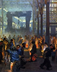 Interior de una fábrica de metalurgia en 1908. Según Jugend