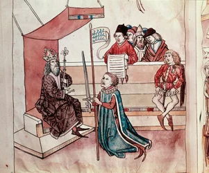Investidura de un caballero. Miniatura de las «Crónicas del Concilio de Constanza» de Ulrich Richental (1360-1437), hacia 1438, Praga, Biblioteca Nacional