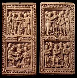 Encuadernaciones de marfil del Salterio de Dagulf: David, San Jerónimo. Fue encargado por Carlomagno al escriba Dagul (o Dagulfe) para el Papa Adriano I. Finales del siglo VIII. De Aquisgrán. París, Museo del Louvre