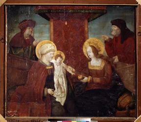 La Sagrada Familia (Santo Parentesco). Pintura de un maestro alemán (siglo XVI). Óleo sobre tabla, 95 x 113 cm, hacia 1520. Escuela alemana, renacimiento. Museo Pushkin de Bellas Artes, Moscú.