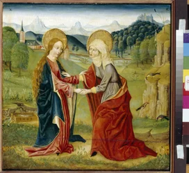 La visita. (La Virgen María visita a su prima Santa Isabel, embarazada de San Juan Bautista). Pintura de un maestro del Alto Rin (siglo XV activo), óleo sobre madera
