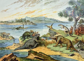 Paisaje que representa el período Cretácico, ilustración de Historia Natural de Mineralogía y Paleontología por G.H. von Schubert, 1888
