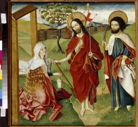 Cristo, María Magdalena y San Bartolomé (o Natanael, Apóstol) (Cristo, María Magdalena y San Bartolomé). Puede ser una representación de ""Noli me tangere"": la visión de Cristo resucitado en Santa María Magdalena. Jesucristo sostiene una cortina