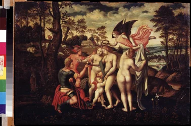 ""El juicio de Paris"" El pastor Paris debe elegir a quien le dará la manzana de oro para designar a la más bella de las tres diosas, Atenea, Afrodita o Hera. Pintura de la escuela alemana del siglo XVI. Museo Pushkin Moscú