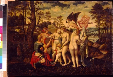El juicio de París. Pintura de un maestro alemán, óleo sobre tabla, mediados del siglo XVI. Arte alemán, Renacimiento. Estado A. Museo Pushkin de Bellas Artes, Moscú.