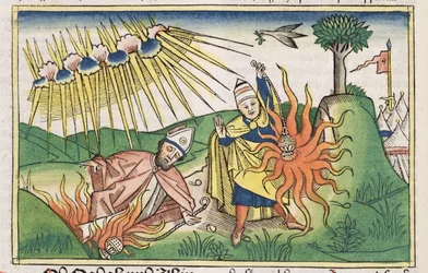 Levítico 10:1-2 Nadab y Abiú ofrecen fuego profano y mueren, de la Biblia de Núremberg (Biblia Sacra Germanaica)