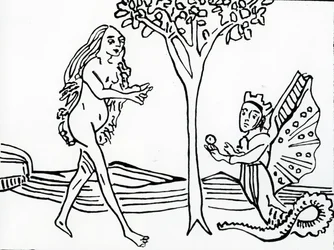 Lilith, alada y coronada, con cola de serpiente, ofrece la manzana a Eva, del «Speculum Humanae Salvationis», según el original de 1470