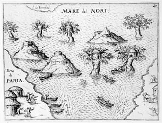 Mapa de la costa de Guyana, ilustración de Regni Guianae por G. Raleigh