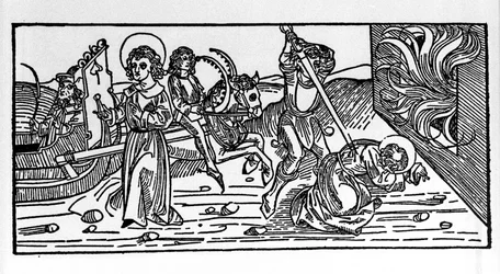 Martirio de San Policarpo de Esmirna (ca. 69-155), obispo. Grabado del “Leben der Heiligen - Sommerteil (libro de los santos)” de Jacobo de Vorágine