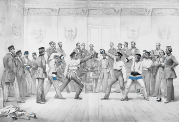 Mensuren o Miembros Estudiantiles de la Sociedad de Duelo en Dresde con su Uniforme Azul, Blanco y Negro