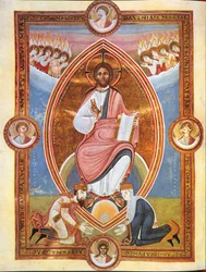 Miniatura que representa a Cristo bendiciendo dentro de una aureola en forma de almendra con el Emperador Conrado II y la Emperatriz Gisela a sus pies