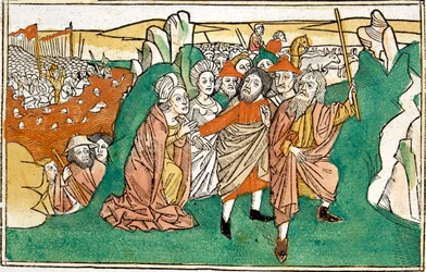 Moisés en el Mar Rojo, escena de la Biblia de Nuremberg, escrita en alemán
