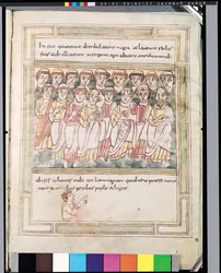Ms 99 fol.15v Grupo de diecisiete hombres, del Apocalipsis de Valenciennes