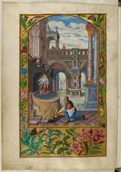 Ms Harley 3469, f.21v Hombre bañándose en un patio, la Séptima Parábola, de 