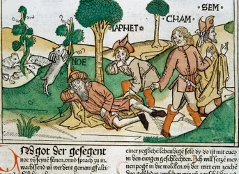 Noé y sus hijos, escena de la Biblia de Nuremberg escrita en alemán, ...
