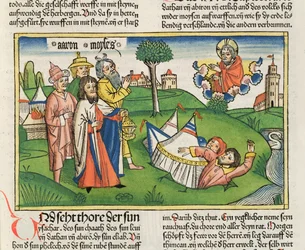 Números 16:32 La Tierra traga a los rebeldes Datán y Abiram, de la Biblia de Núremberg (Biblia Sacra Germanaica)