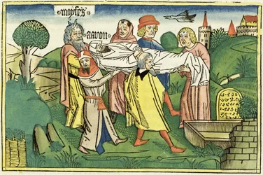 Números 20:22-29 Muerte de Aarón, de la Biblia de Núremberg (Biblia Sacra Germanaica)