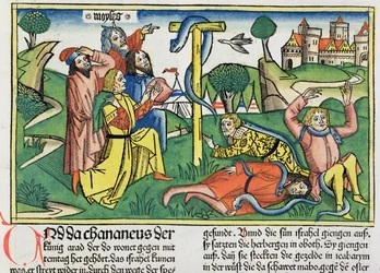 Números 21:4-9 Serpientes venenosas muerden a los israelitas rebeldes, de la Biblia de Núremberg (Biblia Sacra Germanaica)
