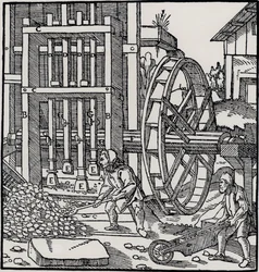Rueda hidráulica en voladizo, de "De Re Metallica" de Georgius Agricola