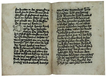 Páginas de una copia en alemán de "Mirabilia Romae, Historia et Descriptio Urbis Romae" por Pseudo-Aegidius Romanus, posiblemente publicada por Ulrich Han, Roma, c.1475