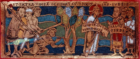 Parábola de los trabajadores de la viña o parábola de los trabajadores de la undécima hora. Placa de esmalte sobre cobre. Escuela renana. Siglo XII. Florencia, Museo Nazionale del Bargello