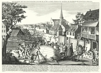 Campesinos atacando el globo de Jacques Charles y los Hermanos Robert después de que aterrizara en Gonesse, 27 de agosto de 1783 (grabado)