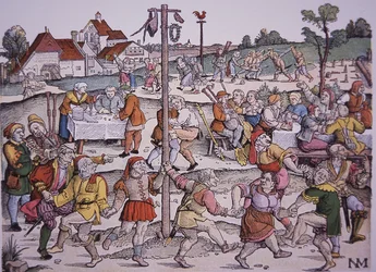 Campesinos bailando (grabado coloreado a mano)