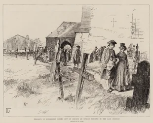 Campesinos de Borgoña saliendo de la iglesia el domingo por la mañana en el siglo pasado